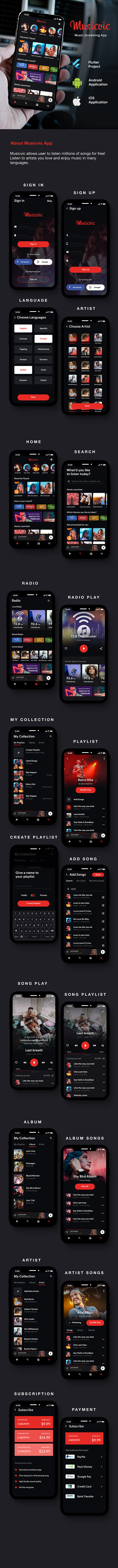 Modèle d'application Android en streaming de musique en ligne + Modèle d'application iOS |  Flutter |  Application de lecteur de musique |  Musicvic - 4