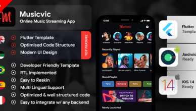 Modèle d'application Android de diffusion de musique en ligne + modèle d'application iOS |  Flutter 2 | Application de lecteur de musique |  Musicvic
