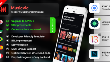 Modèle d'application Android de musique + Modèle d'application iOS de musique |  Application Chansons|  Application de diffusion en continu|  IONIQUE 5 |  Musicvic