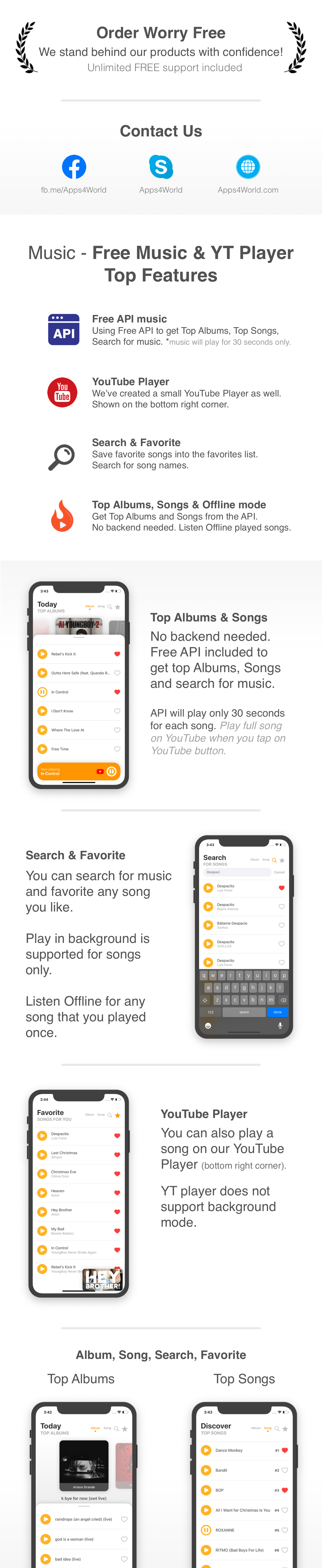 Streaming de musique - Application iOS avec API gratuite et lecteur YouTube - Meilleurs albums, chansons, recherche et favoris - 1