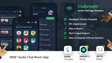 Modèle d'application Android de discussion audio Clubhouse + Modèle d'application iOS |  FLUTTER 2 |  Salle de club