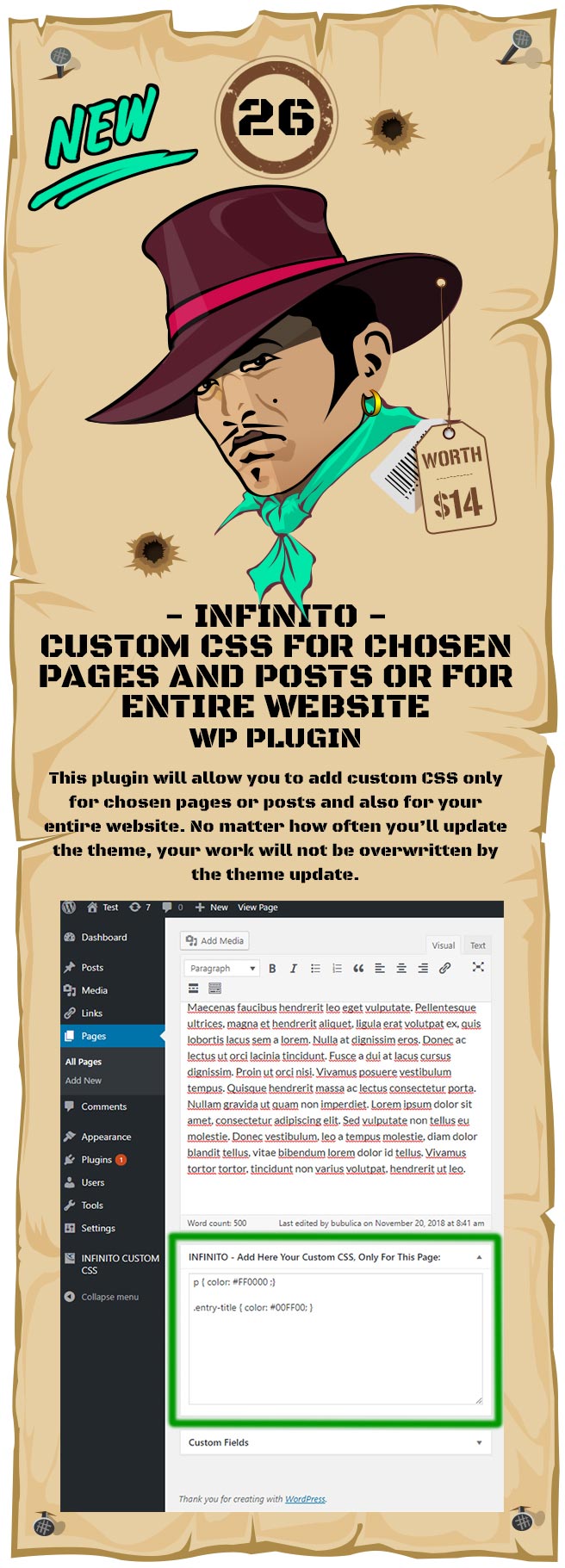 INFINITO - Custom CSS for chosen pages and posts or for the entire website - WordPress plugin